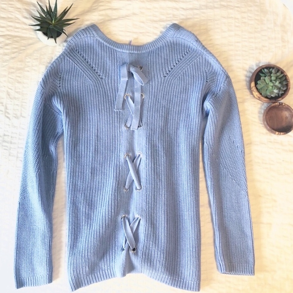 Blue knit lace up sweater
